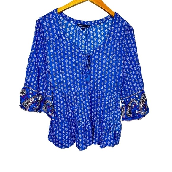 American Eagle Outfitters Blue 3/4 Sleeve Floral Boho Top Women’s Size Small - Picture 1 of 4